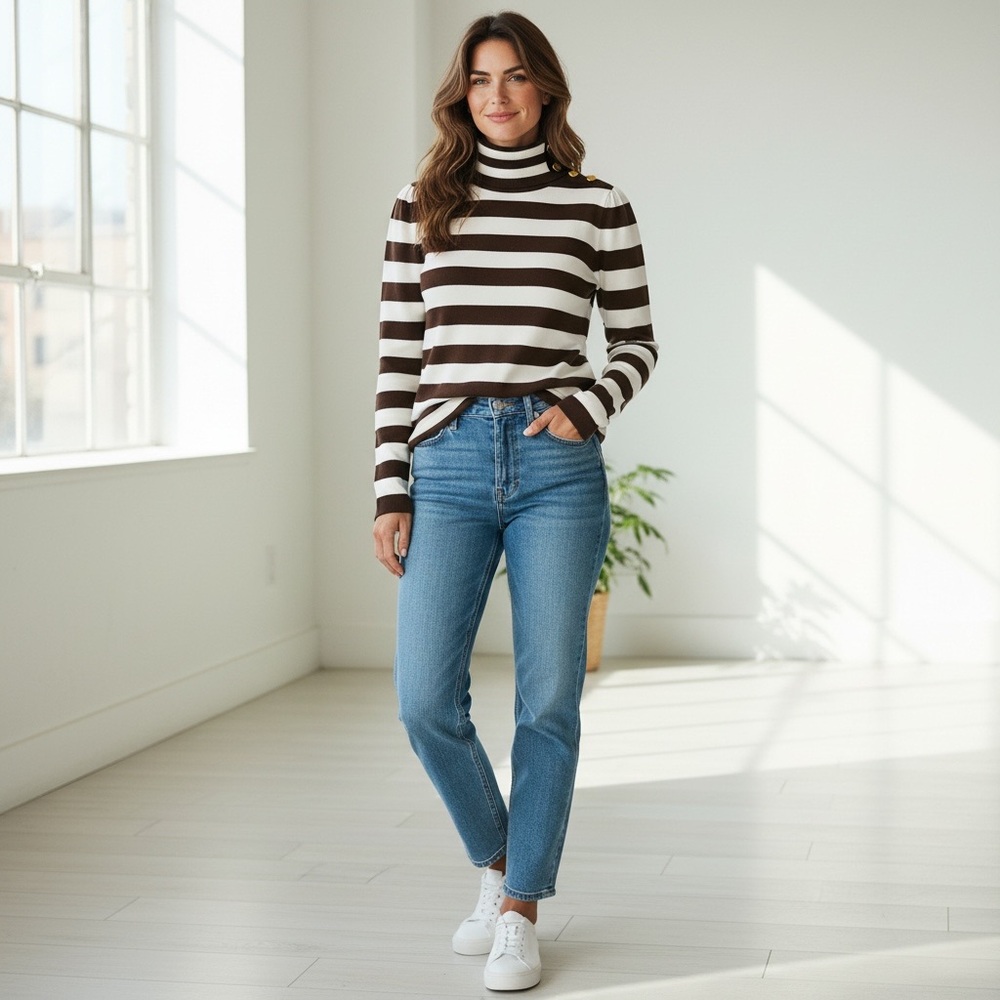Cache Chocolate Brown & Ivory Striped Turtleneck Sweater Gold Buttons Size M